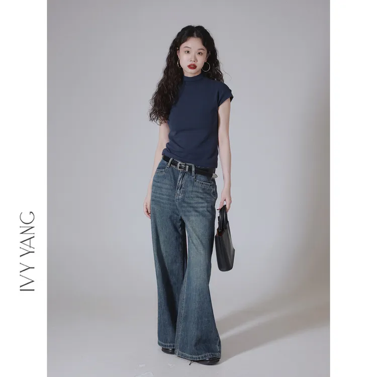 IVY YANG高腰柔软洗水做旧阔腿牛仔裤