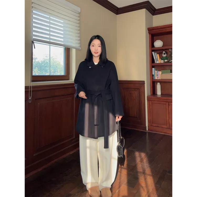 郭九九呢 羊毛气质简约翻领收腰毛呢大衣加绒弯刀裤 G925A17413-1