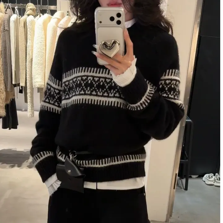 慵懒高级感撞色减龄费尔岛毛衣女黑色针织衫松弛感百搭内搭裤子