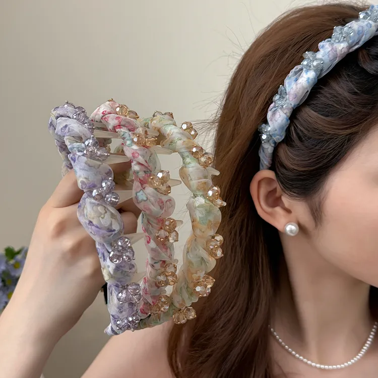 超仙碎花轻纱水钻波浪发箍女带齿防滑高颅顶头箍温柔甜美气质头扣