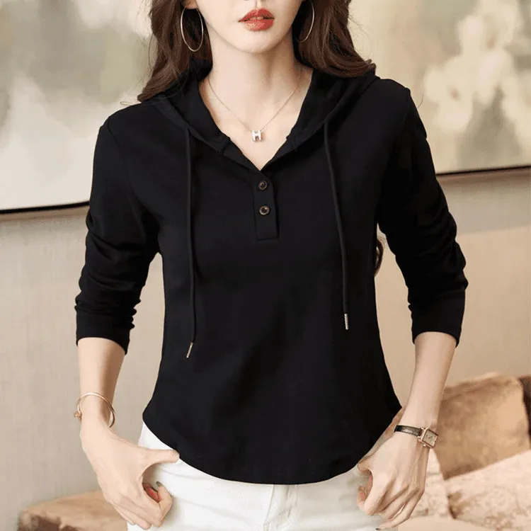 高品质连帽卫衣长袖T恤女2025年春秋季新款打底薄款精致上衣