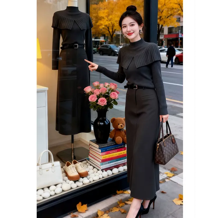 冬装搭配一整套时尚洋气高级感巨好看的灰色斗篷披肩毛衣套装裙女