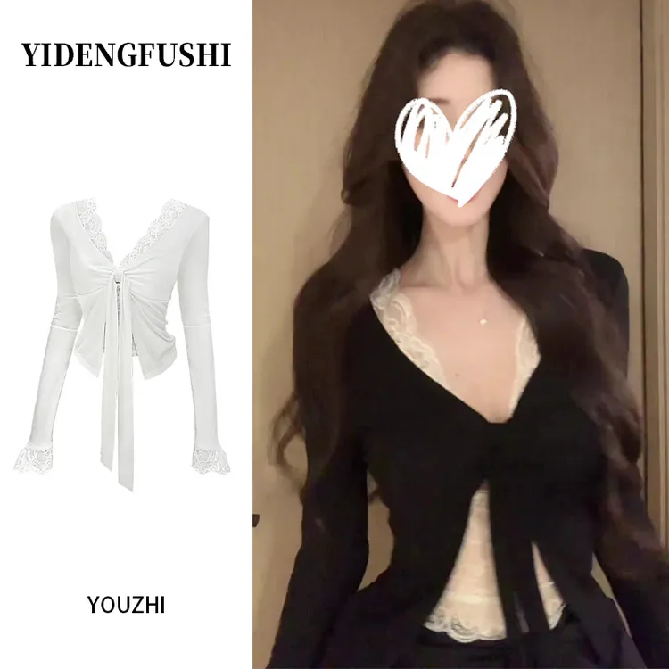 现货！！法式纯欲v领绑带蕾丝拼接长袖T恤女早秋修身性感气质内搭