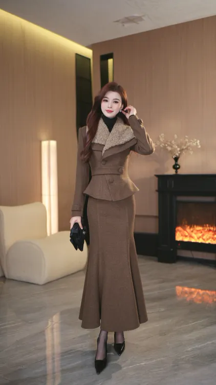 罗曼定制 高定原创咖色收腰气质大翻领上衣+鱼尾裙套装女冬新款