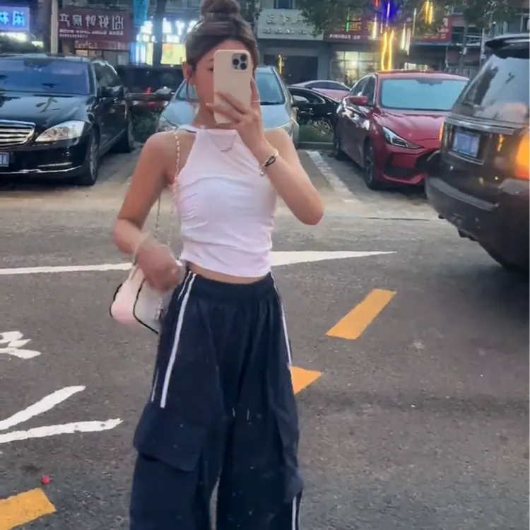 气质名媛时尚套装白色无袖背心上衣女夏季韩版高腰直筒垂感工装裤