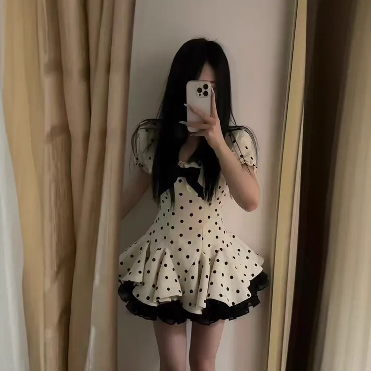 现货清-大码女装法式初恋气质波点蓬蓬连衣裙甜美千金公主裙12114