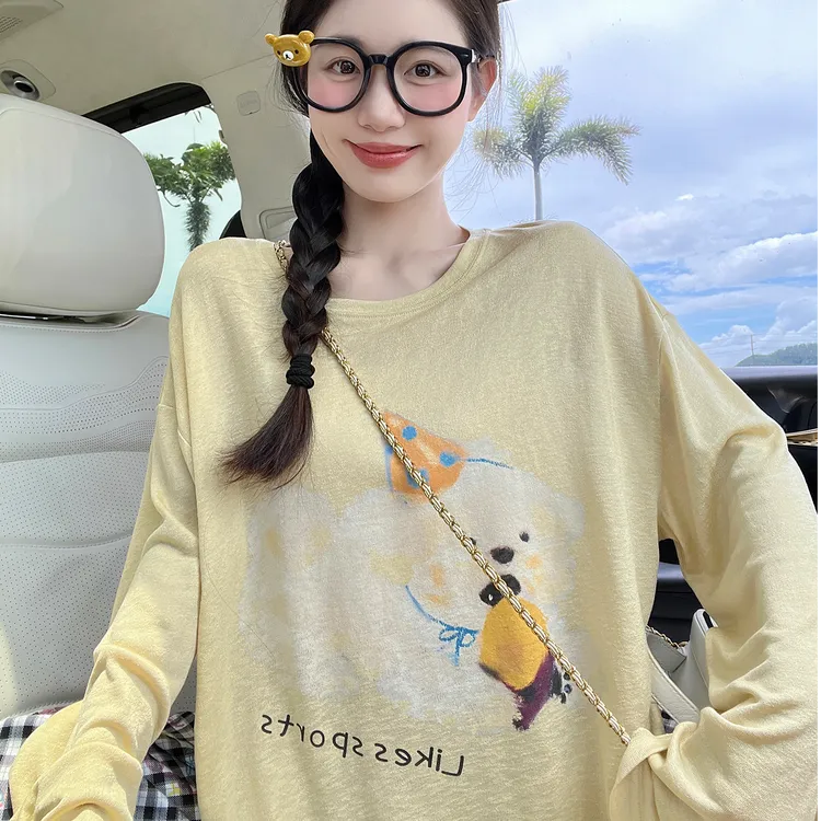 韩系慵懒风松弛感卡通印花长袖T恤女秋季新款休闲上衣圆领松弛感