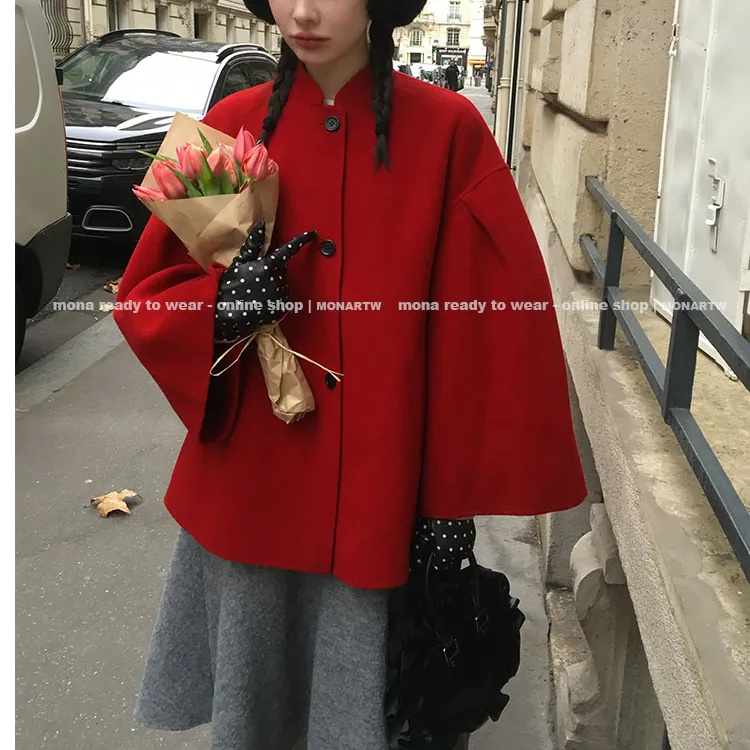 MONA 100羊毛 新中式红色短款双面呢大衣外套女 秋冬季新款
