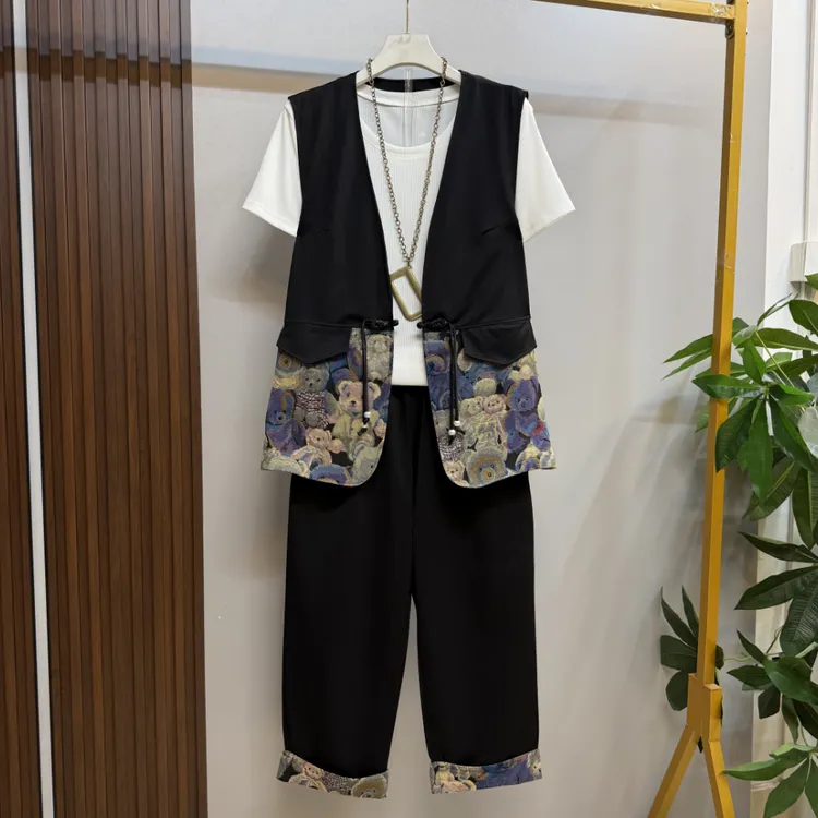 新款大码女装时尚洋气复古新中式马甲三件套套装