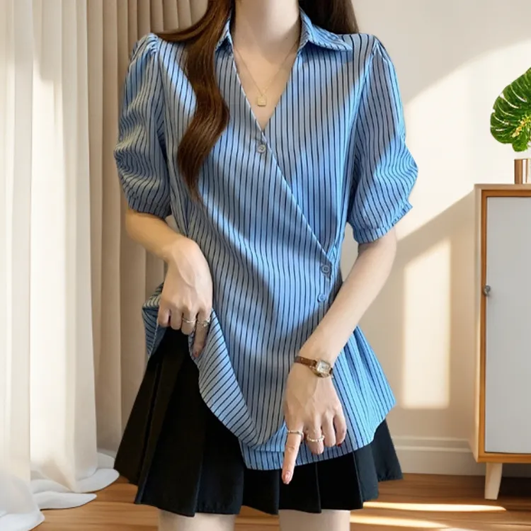 大码女装法式气质Polo领泡泡袖条纹衬衫女胖MM收腰显瘦不规则上衣
