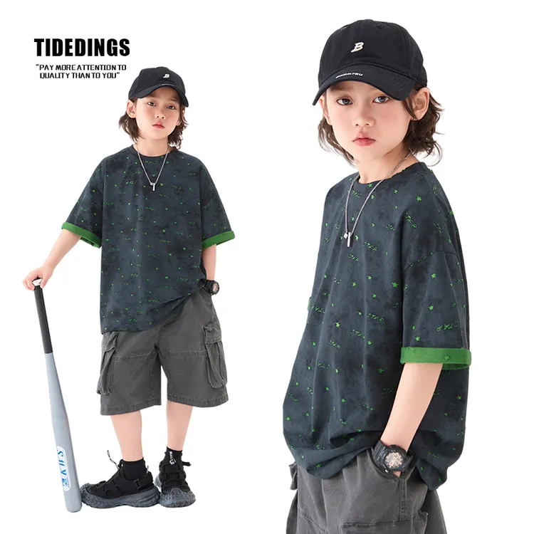 【现货】童装儿童夏季新款短袖男童宽松休闲单面双面棉半袖25235