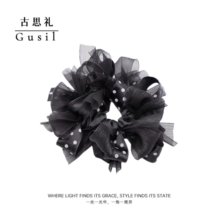 古思礼【现货专区】慵懒风优雅黑色波点蝴蝶结发圈GS9109