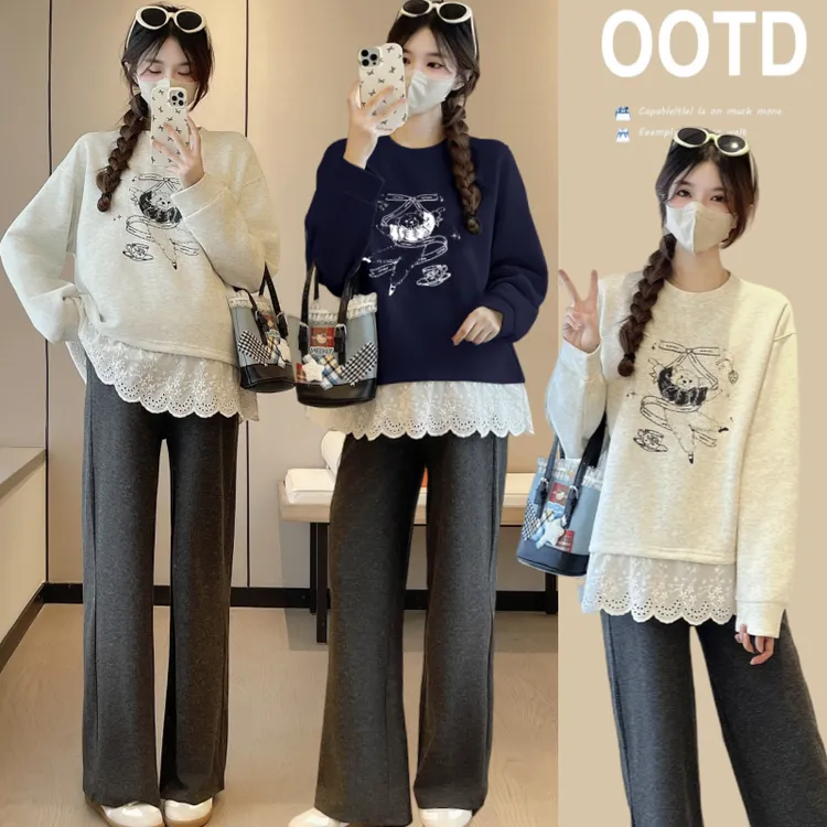 2025秋季新款复古重工印花拼接孕妇上衣港味宽松减龄加绒孕妇卫衣