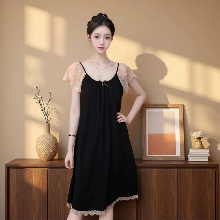 带胸垫夏季甜美蕾丝睡裙女款爆款2025新款蝴蝶结大码家居服可外穿