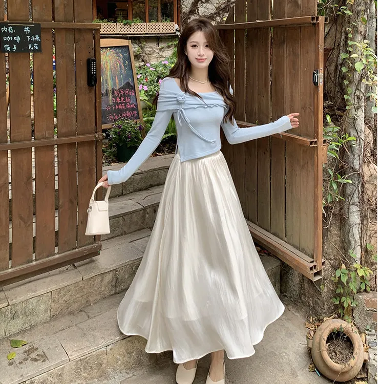 新中式套装2025甜美法式纯欲风不规则针织小衫+超仙大摆半身长裙