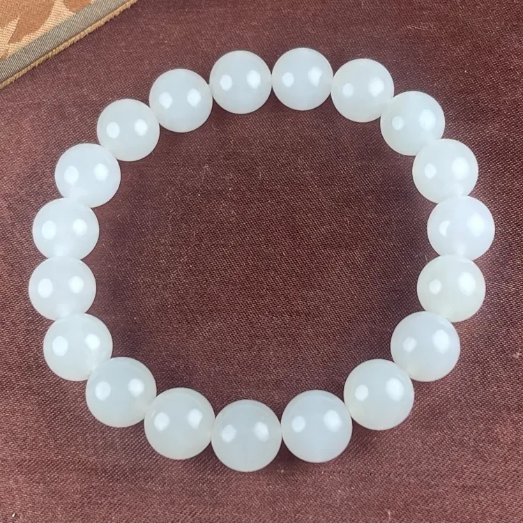 天然和田玉羊脂玉手链女士玉石手串单圈素圈珠径10MM女款玉珠串
