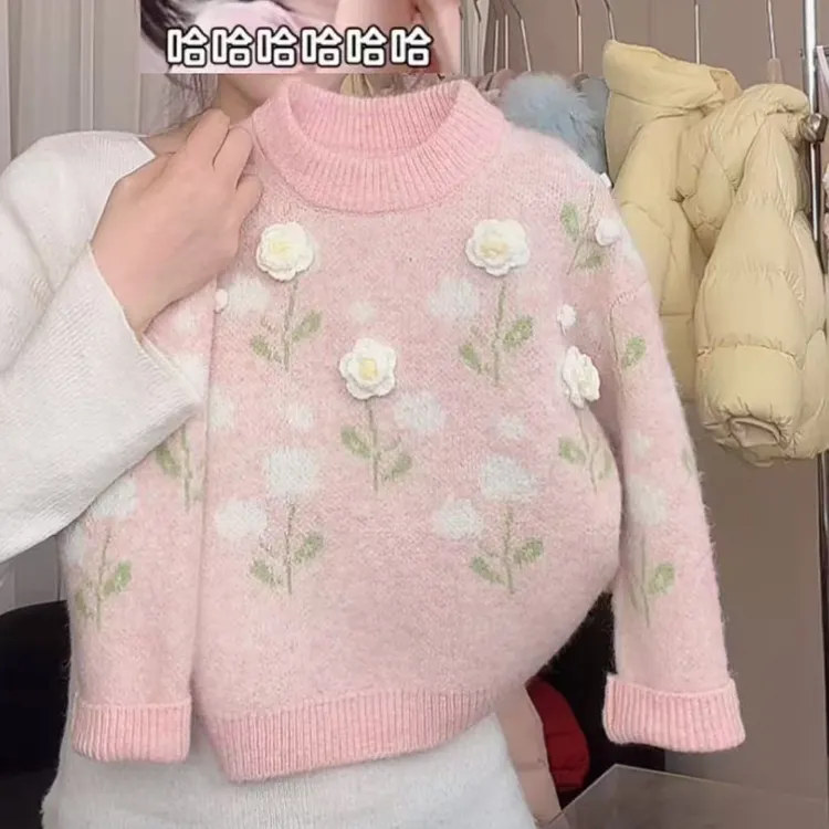 【思晨家】女童冬季新款洋气花朵毛衣女宝宝加厚保暖休闲针织衫