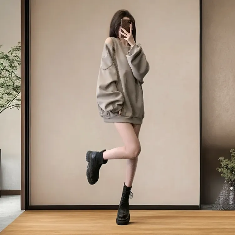长袖卫衣女秋季2025年新款设计感露肩圆领拉链纯色宽松慵懒风上衣