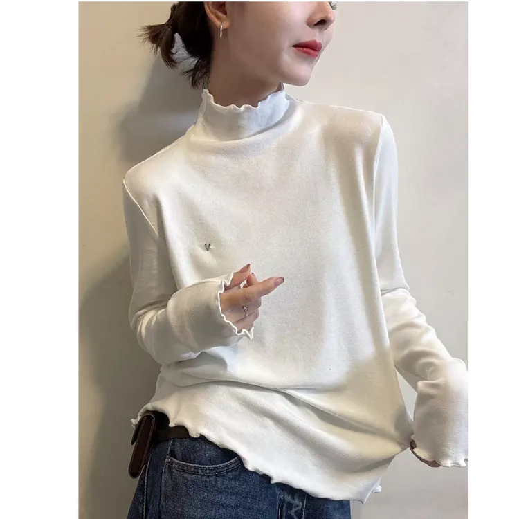 秋冬打底衫女2025新款半高领巨好看的上衣木耳边长袖t恤内搭衣服