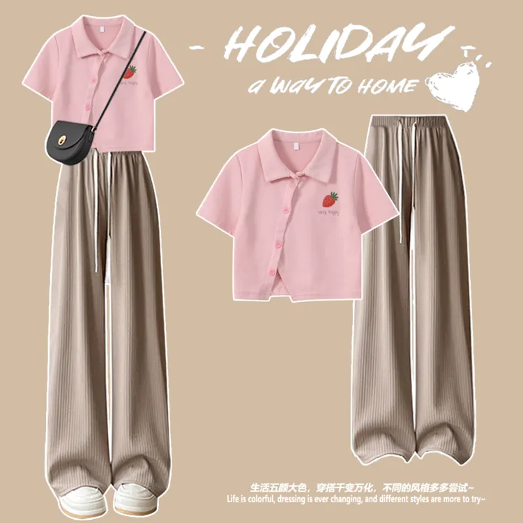韩系套装2025年夏季新款学生polo领短款不规则上衣少女休闲阔腿裤