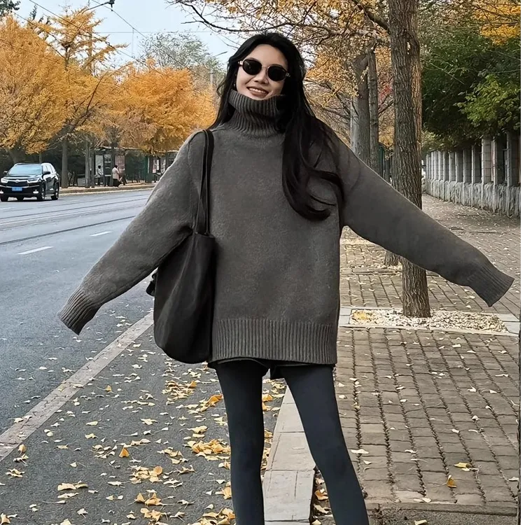 高级感灰色浣熊绒高领套头毛衣女秋冬小个子宽松打底加厚针织上衣