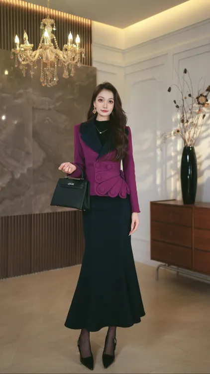 罗曼定制 高定原创紫色拼接外套翻领上衣+鱼尾半身裙两件套装