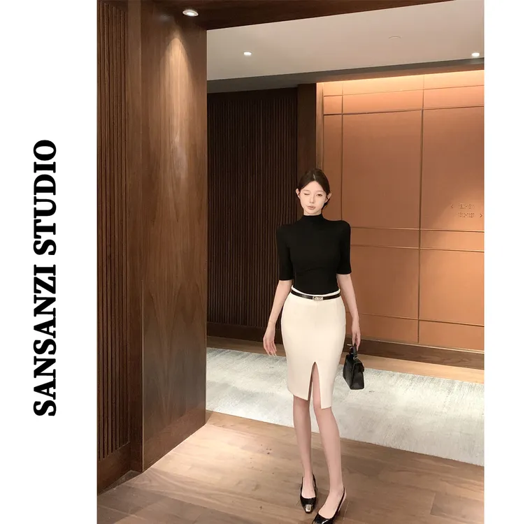 SANSANZI气质套装简约半高领中袖T恤女秋季开叉包臀半身裙两件套