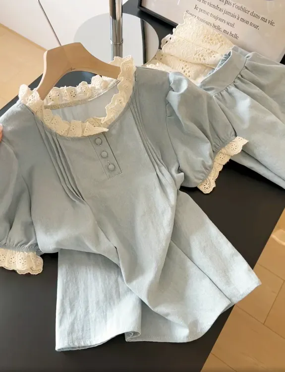 2025新款蕾丝拼接短袖气质衬衫女夏季新款氛围感穿搭超好看上衣