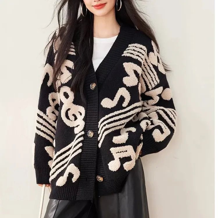 豆子慵懒风软糯音符撞色图案女春秋宽松长袖针织开衫外套女