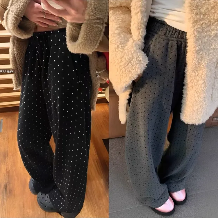 韩系复古黑灰色波点阔腿休闲裤女秋冬高腰慵懒松弛感宽松拖地长裤