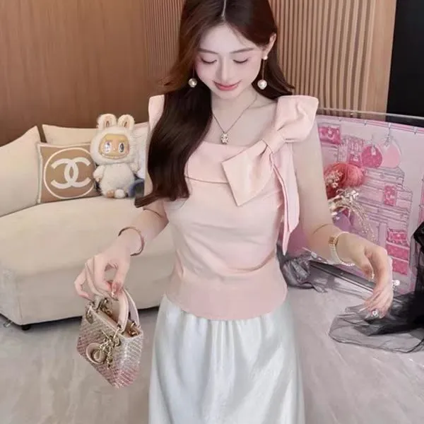 夏季新款纯欲辣妹风蝴蝶结设计感无袖修身显瘦针织女款休闲t恤