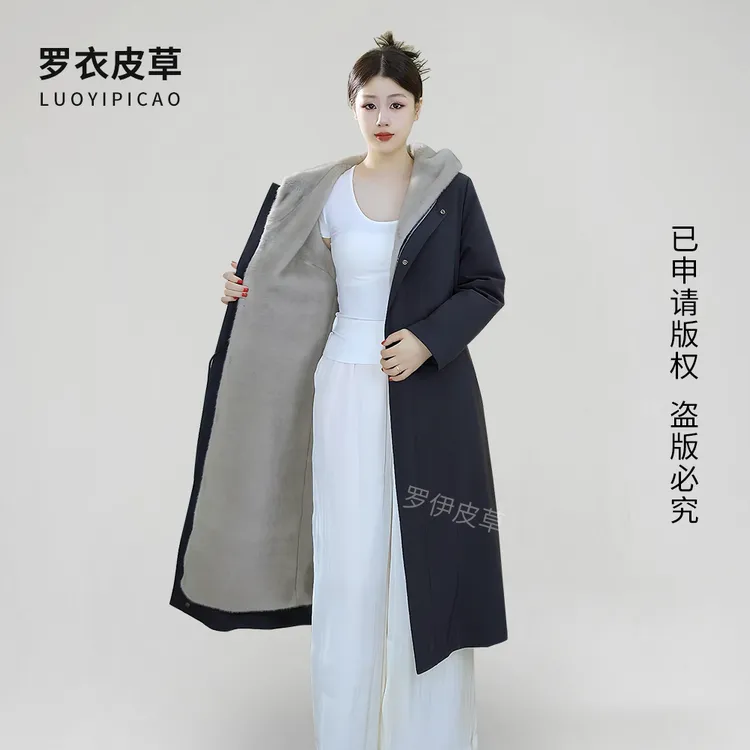 女士貂绒派克服简约连帽长款冬季保暖可拆卸尼克服2326