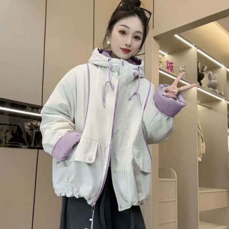 加绒加厚派克服冬季新款拼色棉服休闲宽松加厚棉衣保暖连帽外套女