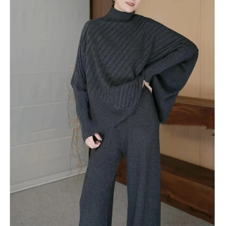 设计感时尚半高领蝙蝠袖不规则下摆针织女休闲百搭套头上衣F8-56