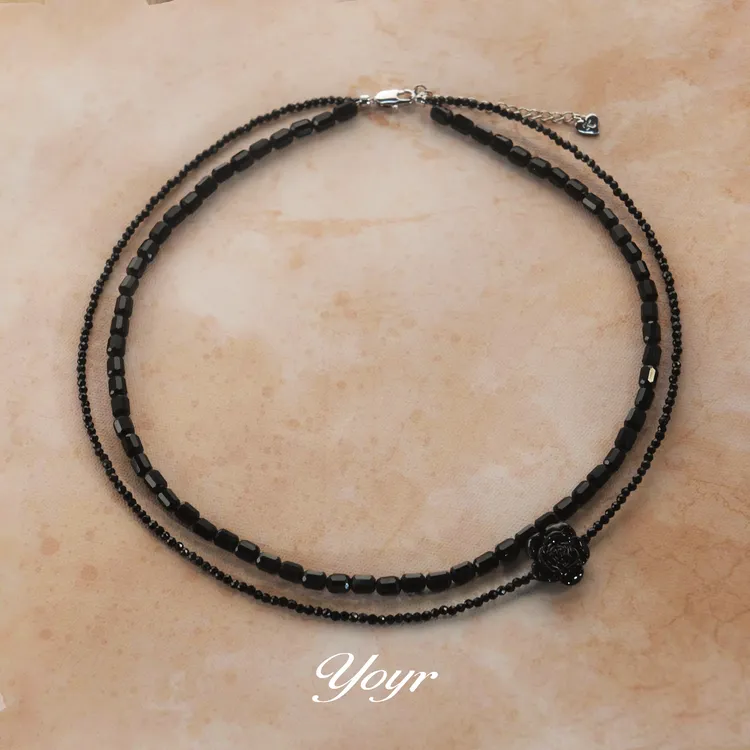 YOYR 铜项链 黑美人山茶花项链黑色小众轻奢双层锁骨链叠戴项链