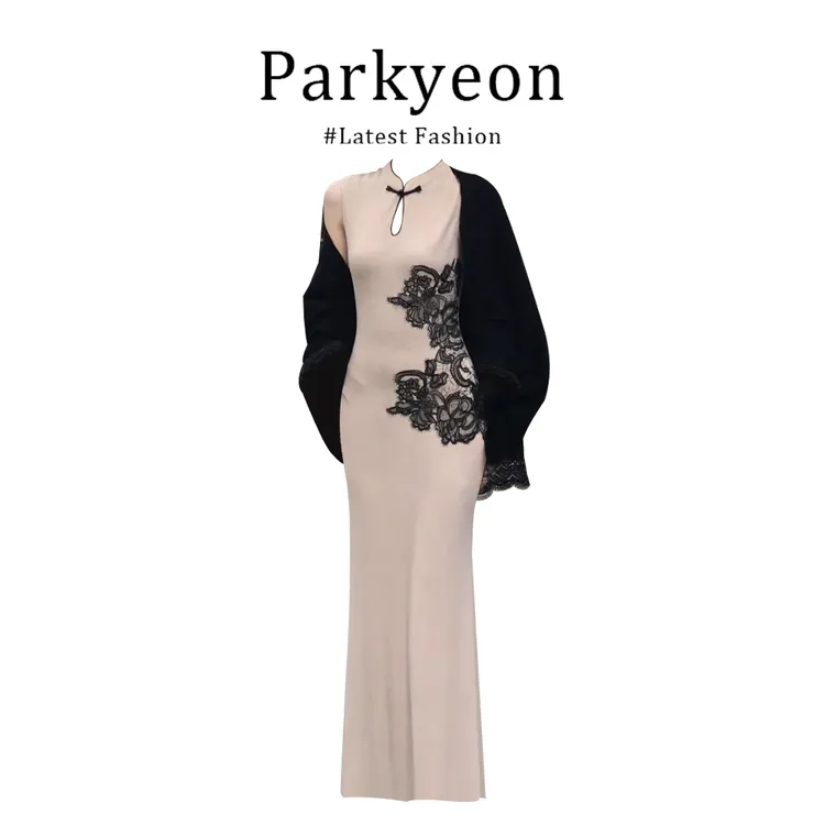 parkyeon新中式国风秋季新款无袖旗袍连衣裙女蕾丝拼接披肩套装