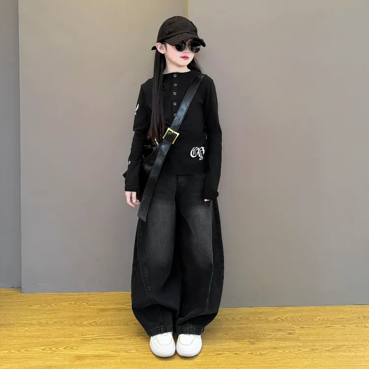 女童卫衣2025新款韩系春秋季时尚上衣儿童春秋牛仔阔腿裤套装潮