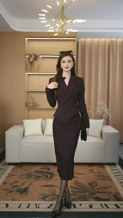 罗曼湾湾 高定原创深紫色气质时尚收腰咖色西装上衣女+包臀裙套装