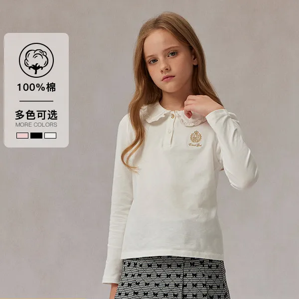 【100%棉】E·LAND KIDS女童T恤25年新款早上衣花边领EKLWF1121E