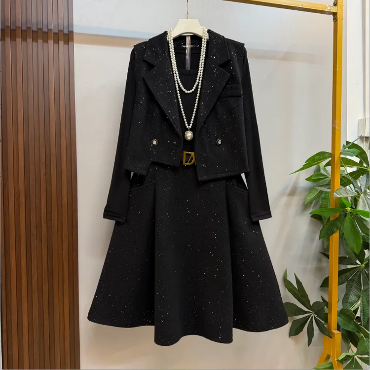 新款欧货大码女装时尚气质西服马甲打底连衣裙两件套套装