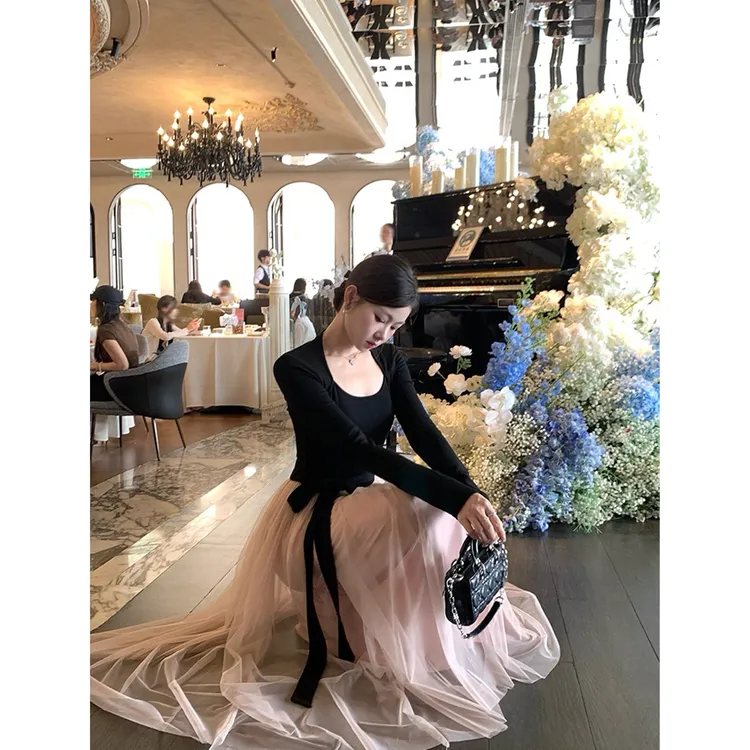 撞色连衣裙女冬显瘦坎肩长袖气质长裙C 9695#