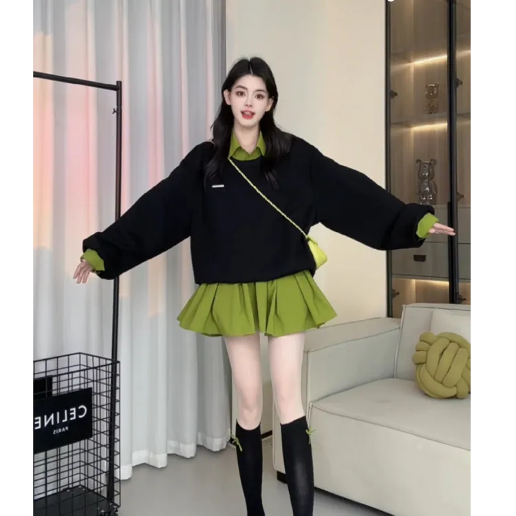 2025春季新款韩系时尚气质宽松高级感假两件牛油果撞色连衣裙女