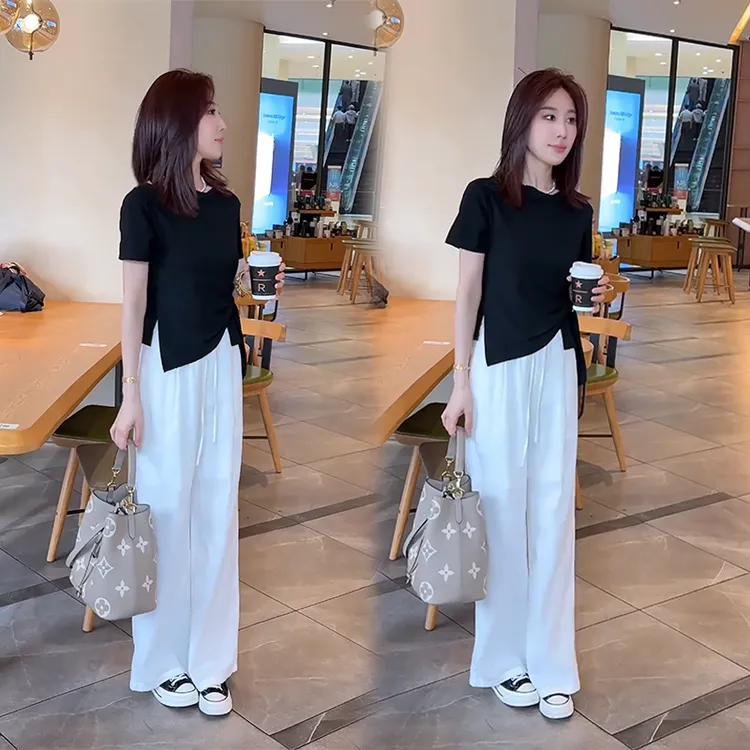 韩版轻熟风穿搭套装设计感不规则系带短袖上衣夏季时尚通勤一整套