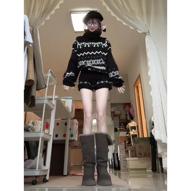 2025韩系秋冬新款美式复古费尔岛高领毛衣针织衫高腰休闲裤套装潮