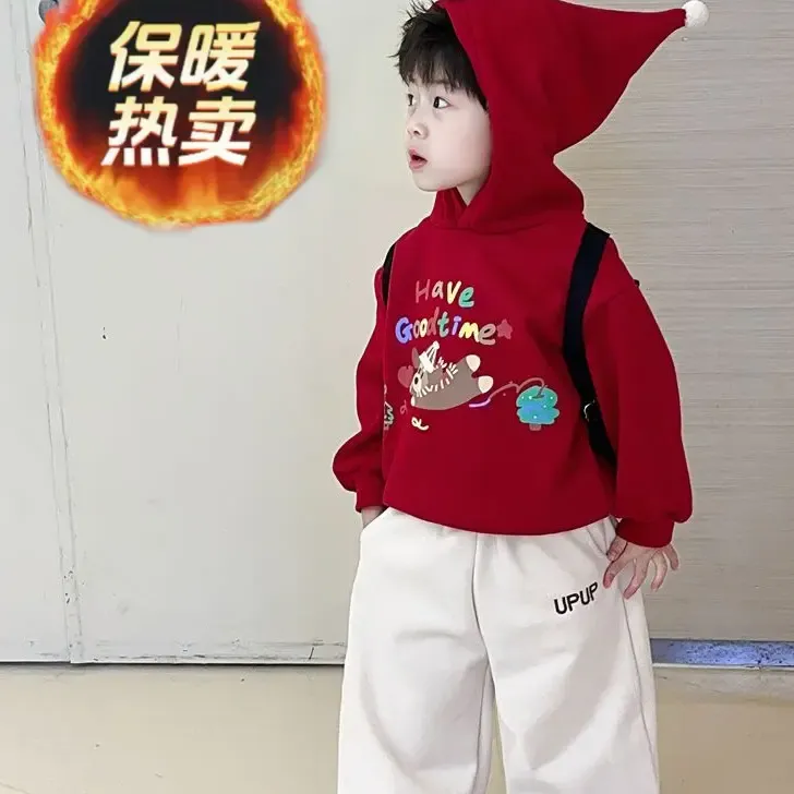 冬季新款男童新年加绒连帽卫衣儿童冬装卡通加厚上衣男宝童装0090