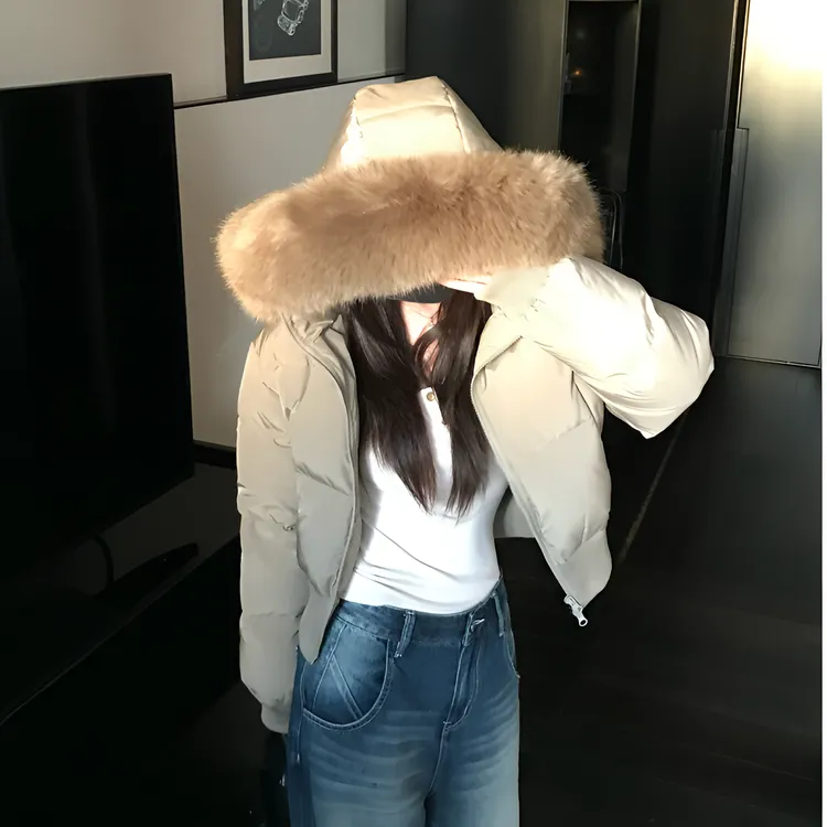 芬兰雪境大毛领棉服女短款2025新款冬装收腰加厚棉衣小个子外套潮