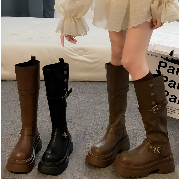 韩版女款长筒靴2025秋冬季新款复古爆款美拉德增高英伦厚底骑士靴