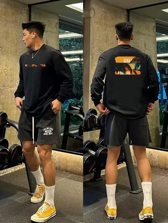 美式潮牌cleanfit简约印花长袖t恤男重磅纯棉百搭休闲打底上衣秋