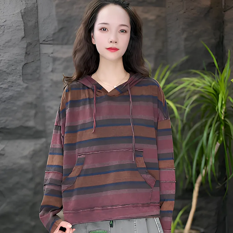 JJ长袖抽绳薄款连帽套头女条纹卫衣拼接秋季牛仔荡领百搭休闲韩版