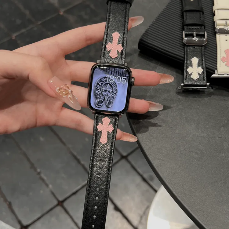 克罗心刺绣皮质表带适用于applewatch 表带iwatch s10系列表带时